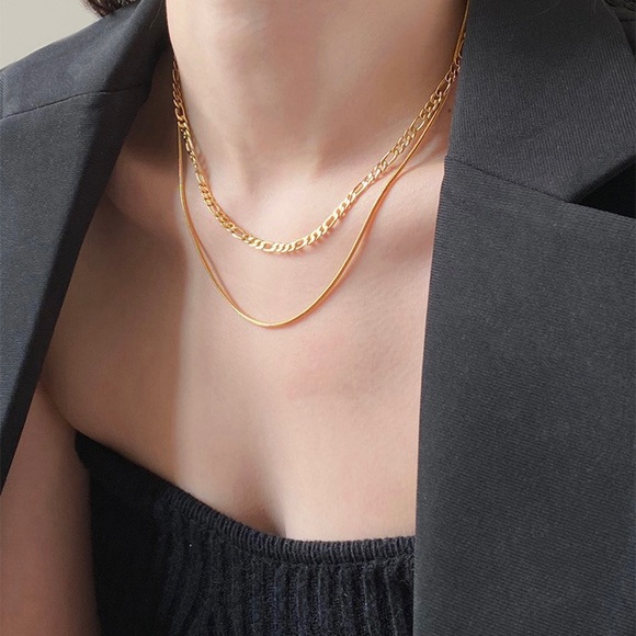 18K gold layered necklace, duo layered necklace set,Gold layered snake chain set - Picture 4 of 5